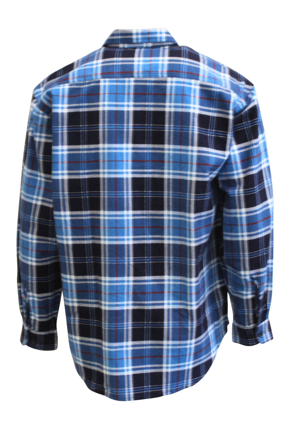 The Milton Open Front Flannelette Shirt features a blue, black, and white plaid design, long sleeves, collar, and buttoned cuffs. Crafted from high-quality cotton and shown from the back.