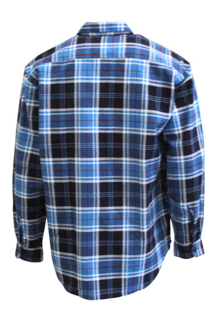 The Milton Open Front Flannelette Shirt features a blue, black, and white plaid design, long sleeves, collar, and buttoned cuffs. Crafted from high-quality cotton and shown from the back.
