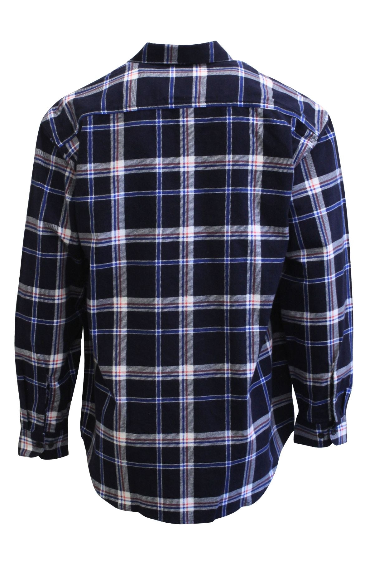 The Milton Open Front Flannelette Shirt, shown from the back, features a navy blue, white, and red plaid pattern with long sleeves, button-up front, and an extra long tail for added coverage.
