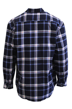 The Milton Open Front Flannelette Shirt, shown from the back, features a navy blue, white, and red plaid pattern with long sleeves, button-up front, and an extra long tail for added coverage.