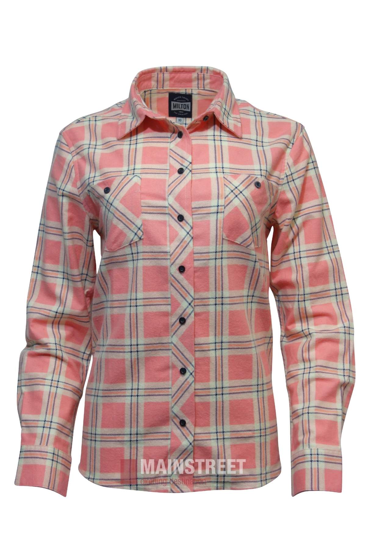 The Milton Ladies Flannelette Shirt is a long-sleeved, button-up pink plaid cotton shirt with two chest pockets and a collar, shown on a plain white background.
