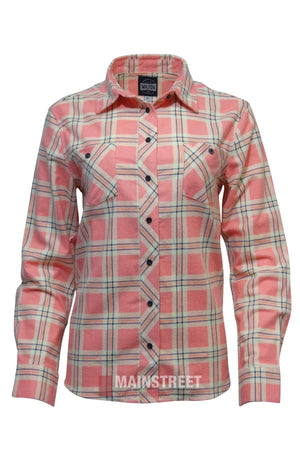 The Milton Ladies Flannelette Shirt is a long-sleeved, button-up pink plaid cotton shirt with two chest pockets and a collar, shown on a plain white background.