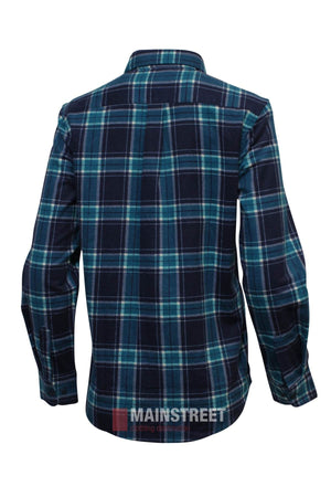 A long-sleeved Milton Ladies Flannelette shirt with a blue, green, and white plaid pattern, shown from the back. Crafted from high-quality cotton, it features a collar and buttoned cuffs.