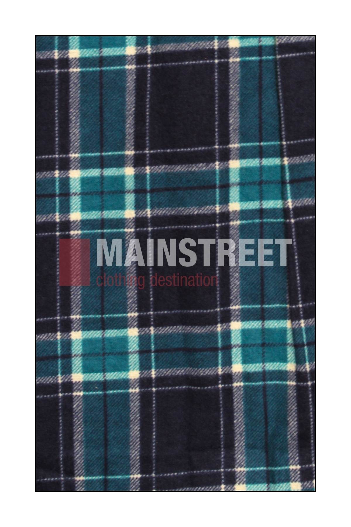 A close-up of Milton Ladies Flannelette Shirts shows plaid fabric in dark blue, green, white, and yellow stripes made from high quality cotton. "MAINSTREET clothing destination" is overlaid in large and small text.