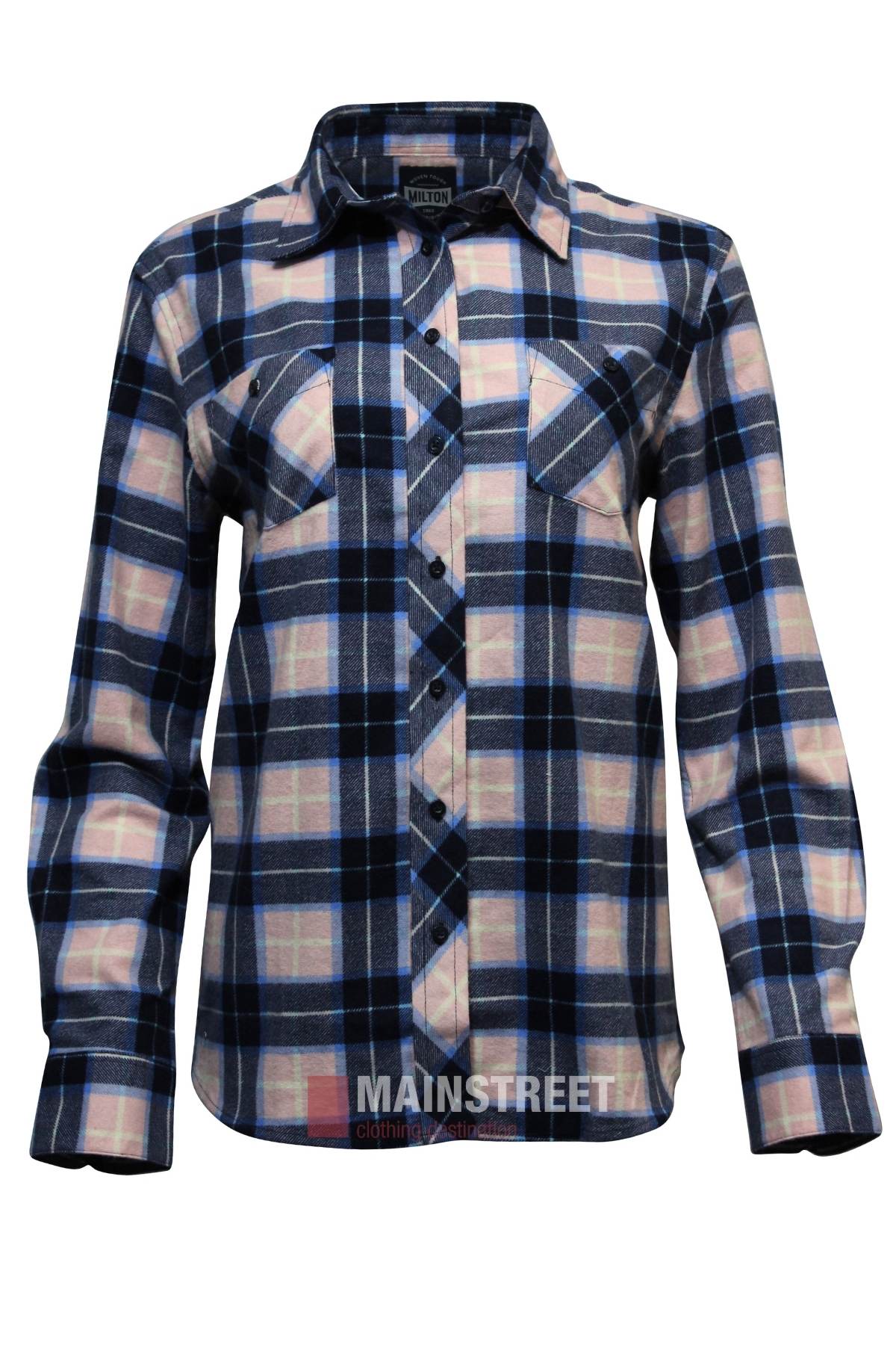 Milton Ladies Flannelette Shirt—long-sleeved, button-up with blue, pink, and white plaid, front pockets, collar, and an extra-long tail. Made from high-quality cotton and shown against a white background.