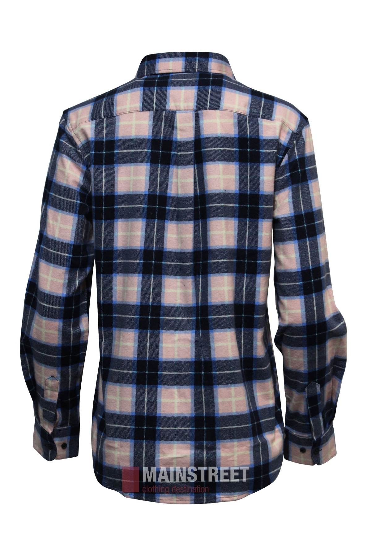 The Milton Ladies Flannelette Shirt is a long-sleeve, button-up cotton shirt in blue, black, and white plaid. Shown from the back, it features a collar, cuffs, and an extra long tail for comfort.