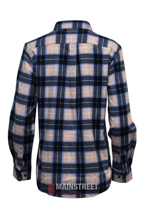 The Milton Ladies Flannelette Shirt is a long-sleeve, button-up cotton shirt in blue, black, and white plaid. Shown from the back, it features a collar, cuffs, and an extra long tail for comfort.