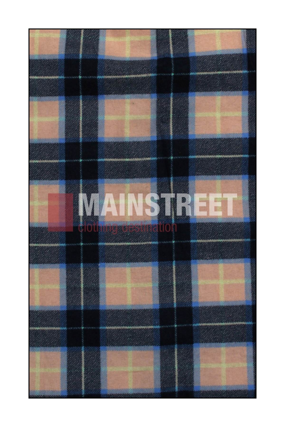A plaid fabric in blue, black, peach, and light yellow stripes features "MAINSTREET clothing destination" text with a red square—ideal for crafting Milton Ladies Flannelette Shirts from high-quality cotton.