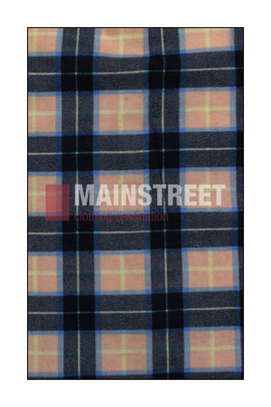 A plaid fabric in blue, black, peach, and light yellow stripes features "MAINSTREET clothing destination" text with a red square—ideal for crafting Milton Ladies Flannelette Shirts from high-quality cotton.
