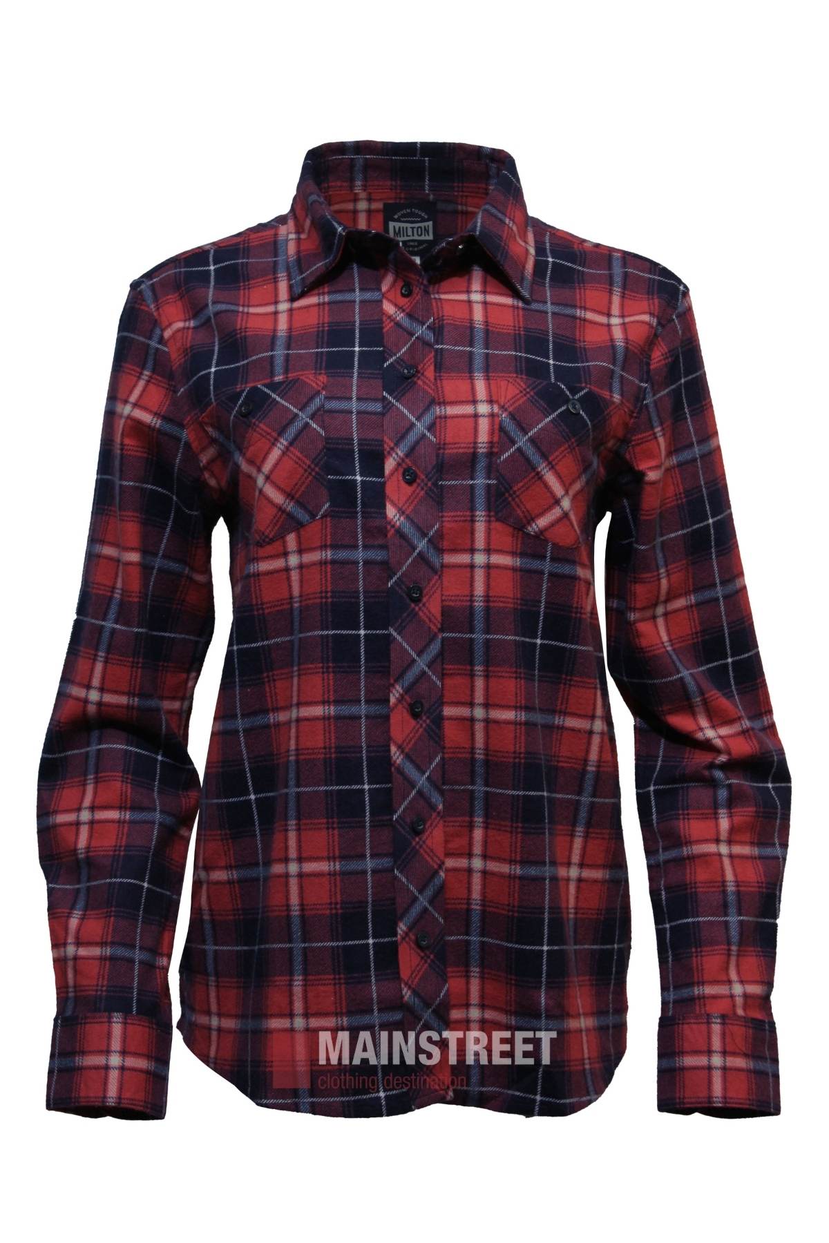 The Milton Ladies Flannelette Shirt is a long-sleeve, button-up with a red, navy blue, and white plaid pattern. It features two chest pockets, a collar, and is made from high quality cotton. Displayed against a plain white background.