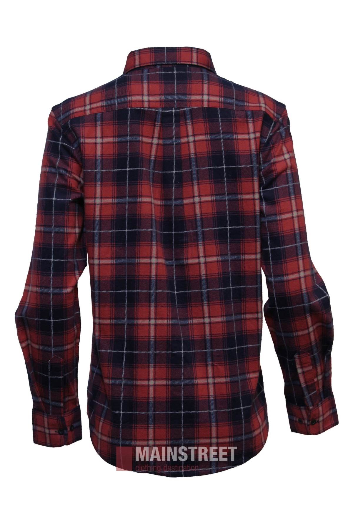 The Milton Ladies Flannelette Shirt is a high-quality cotton, long-sleeve, button-up shirt in red, black, and white plaid with a collar and buttoned cuffs. Shown from the back. Available in ladies sizing.