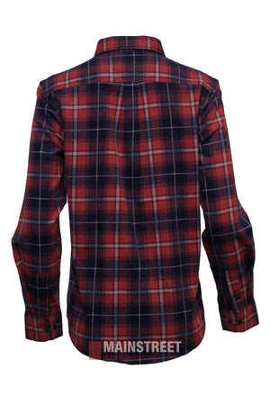 The Milton Ladies Flannelette Shirt is a high-quality cotton, long-sleeve, button-up shirt in red, black, and white plaid with a collar and buttoned cuffs. Shown from the back. Available in ladies sizing.