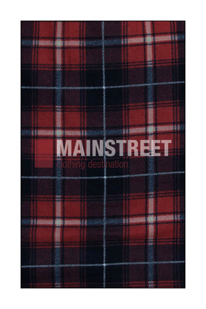 The Milton Ladies Flannelette Shirts feature a red and black tartan plaid pattern with thin white and blue lines, and "MAINSTREET clothing destination" is printed boldly across the center in transparent letters.