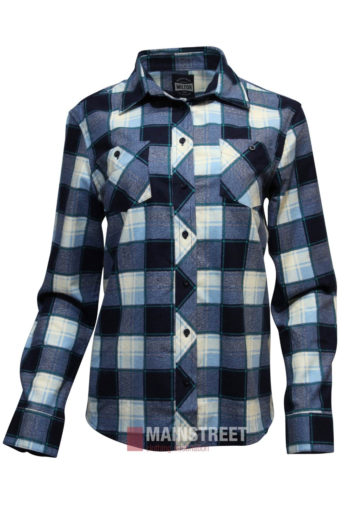 The Milton Ladies Flannelette Shirt is a long-sleeve, button-up cotton shirt in blue, white, and black with two chest pockets and a collar, designed for women.