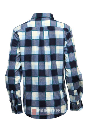 The Milton Ladies Flannelette Shirt is a long-sleeved, button-up shirt in blue, white, and black plaid. Made from high quality cotton, it features a collar, buttoned cuffs, and ladies sizing for a comfortable fit. Shown from the back.