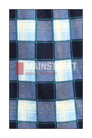 Blue and black tartan plaid fabric with white, light blue, and green lines. Made from high quality cotton, perfect for Milton Ladies Flannelette Shirts. "MAINSTREET clothing co. inc." watermark appears across the center.