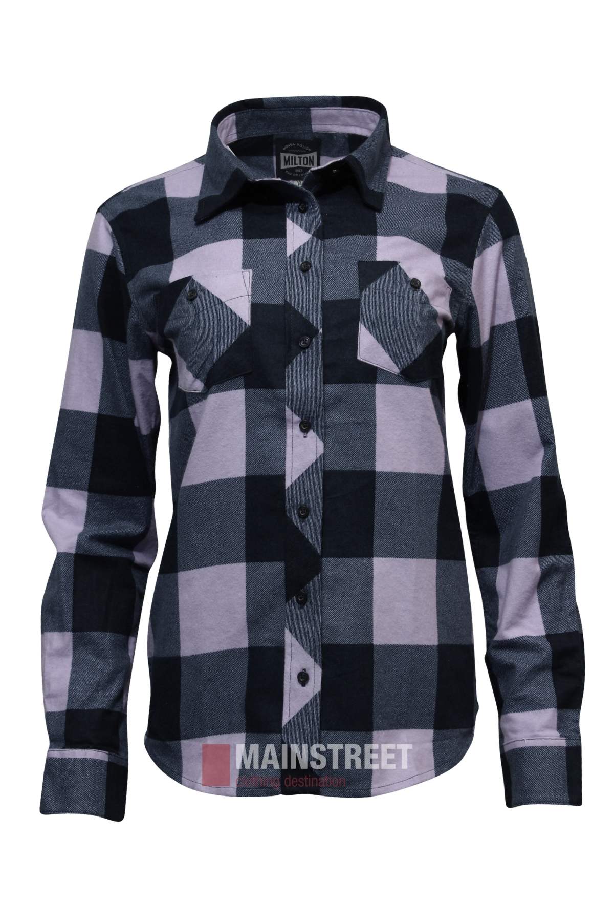 The Milton Ladies Flannelette Shirt is a long-sleeve, button-up cotton shirt with a large black and light purple plaid pattern, featuring two chest pockets with flaps and black buttons.