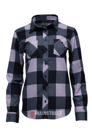 The Milton Ladies Flannelette Shirt is a long-sleeve, button-up cotton shirt with a large black and light purple plaid pattern, featuring two chest pockets with flaps and black buttons.