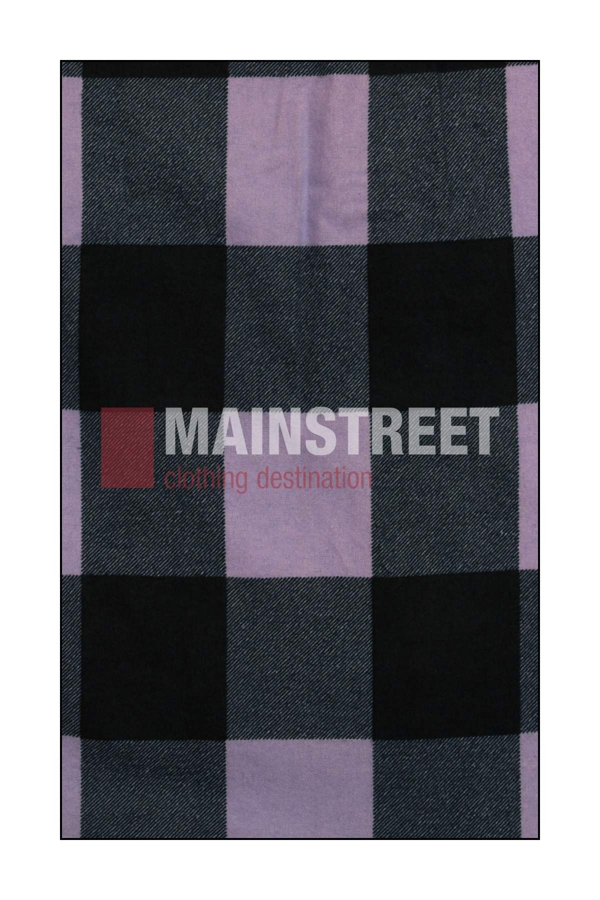A close-up of fabric with a large checkered pattern in black, gray, and lavender featuring "MAINSTREET clothing destination"—perfect for Milton Ladies Flannelette Shirts or any cozy cotton flannelette look.