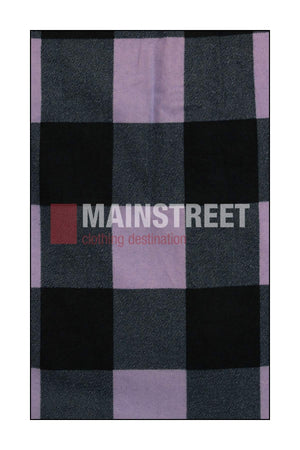 A close-up of fabric with a large checkered pattern in black, gray, and lavender featuring "MAINSTREET clothing destination"—perfect for Milton Ladies Flannelette Shirts or any cozy cotton flannelette look.