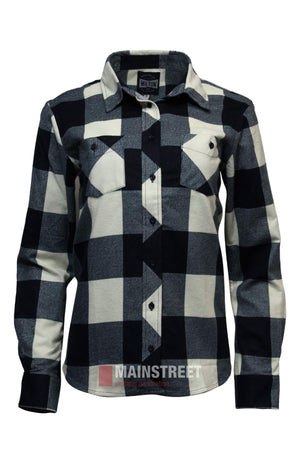 The Milton Ladies Flannelette Shirt features long sleeves, a button-up front, two chest pockets, and a black and white check plaid pattern. Made from high-quality cotton for ladies, shown on a plain white background.