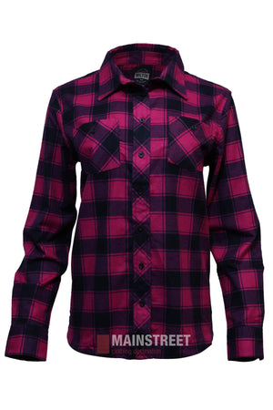 The Milton Ladies Flannelette Shirt is a long-sleeved, button-up shirt with a pink and black checkered plaid pattern, made from high quality cotton flannelette and featuring two chest pockets and a collar.