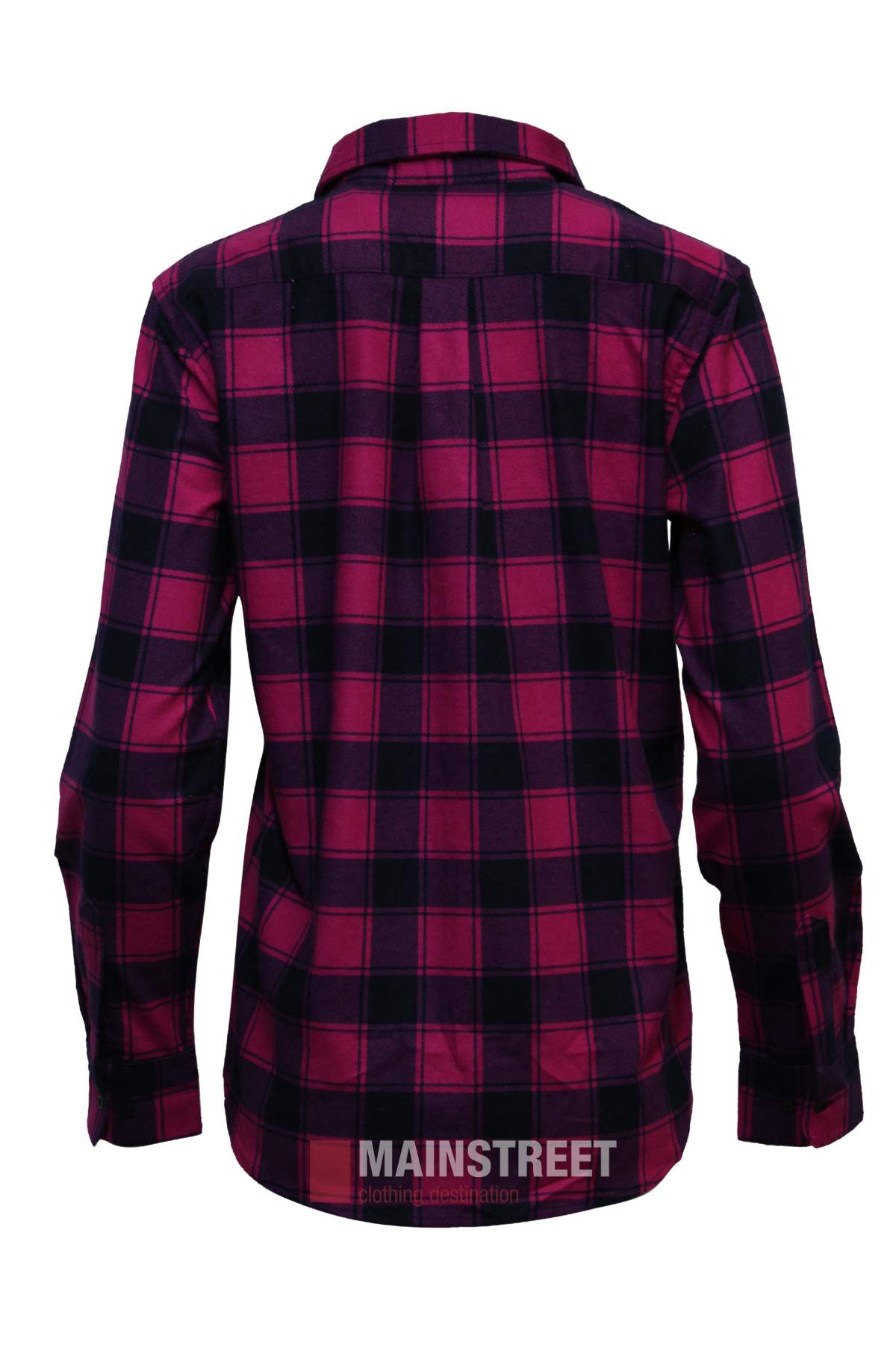 The Milton Ladies Flannelette Shirt is a long-sleeve, button-up with a red and black plaid design, shown from the back. Made of high-quality cotton with a collar, this shirt is displayed against a white background.
