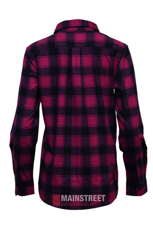 The Milton Ladies Flannelette Shirt is a long-sleeve, button-up with a red and black plaid design, shown from the back. Made of high-quality cotton with a collar, this shirt is displayed against a white background.