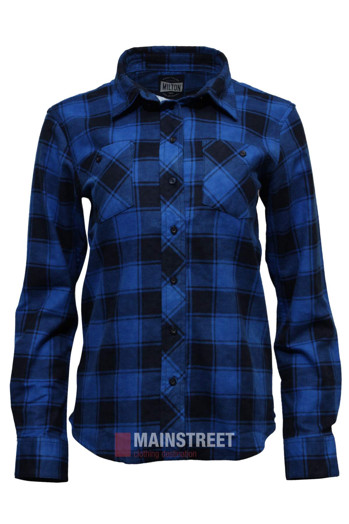 The Milton Ladies Flannelette Shirt is a blue and black plaid, long-sleeved, button-up shirt with two chest pockets and a collar. Made from high quality cotton in ladies sizing, it's shown on a white background.