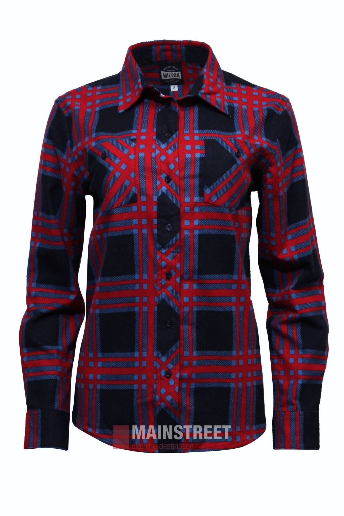 The Milton Ladies Flannelette Shirt features a red, blue, and black plaid pattern, long sleeves, button-up front, collar, and chest pocket. Made from high quality cotton and shown in ladies sizing on a plain white background.