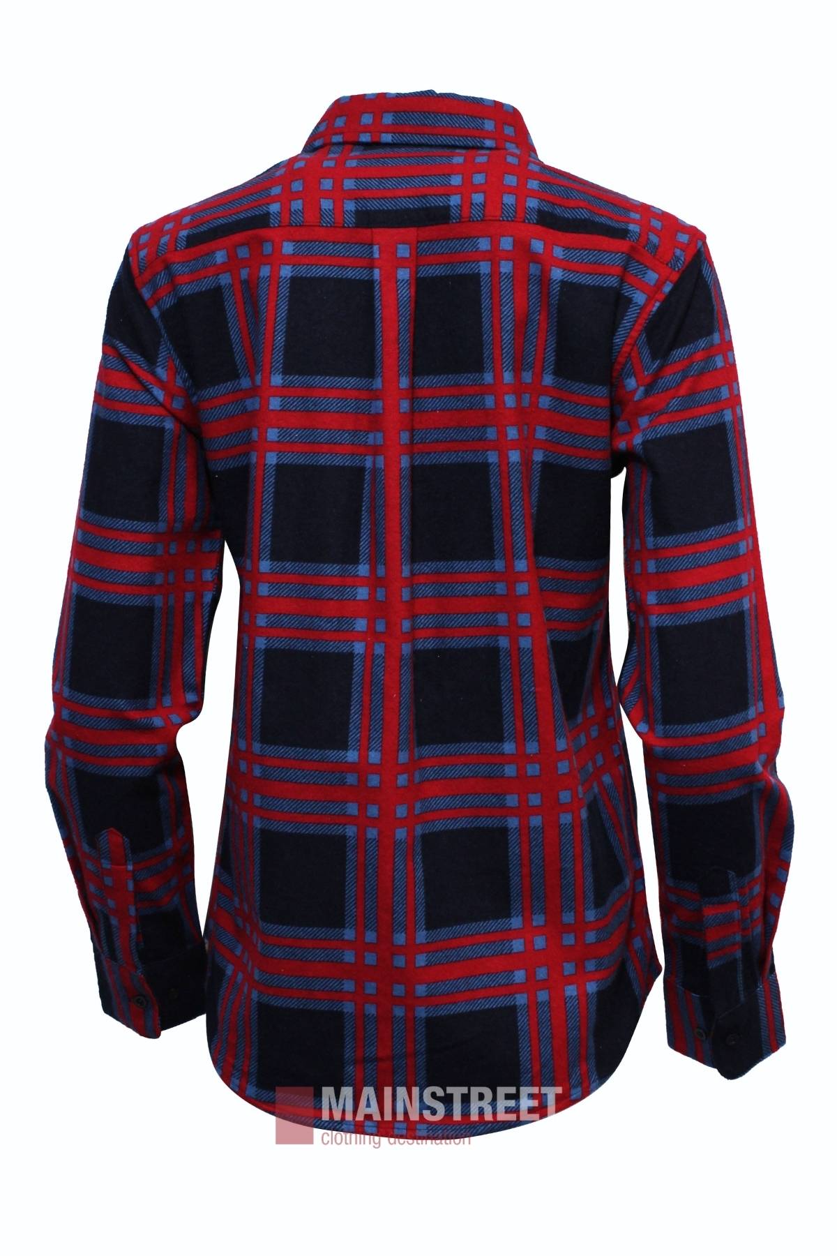 Back view of a Milton Ladies Flannelette Shirt in red, blue, and black plaid, made from high quality cotton. Features long sleeves and ladies sizing, shown on a white background.
