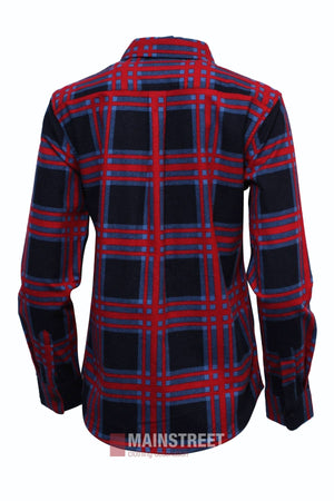 Back view of a Milton Ladies Flannelette Shirt in red, blue, and black plaid, made from high quality cotton. Features long sleeves and ladies sizing, shown on a white background.