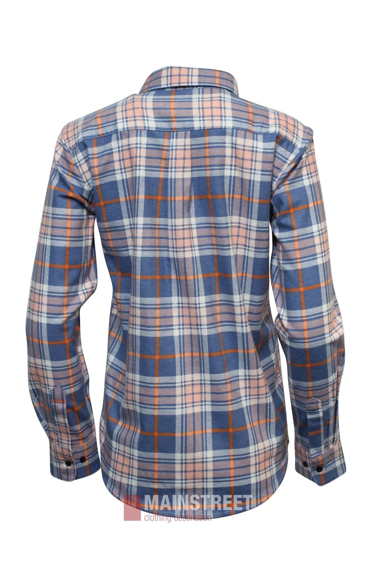 The Milton Ladies Flannelette Shirt is made from high-quality cotton and features a blue, white, and orange plaid pattern. Seen from the back, it includes a collar and buttoned cuffs for a classic long-sleeve style.