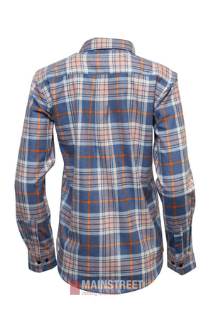 The Milton Ladies Flannelette Shirt is made from high-quality cotton and features a blue, white, and orange plaid pattern. Seen from the back, it includes a collar and buttoned cuffs for a classic long-sleeve style.