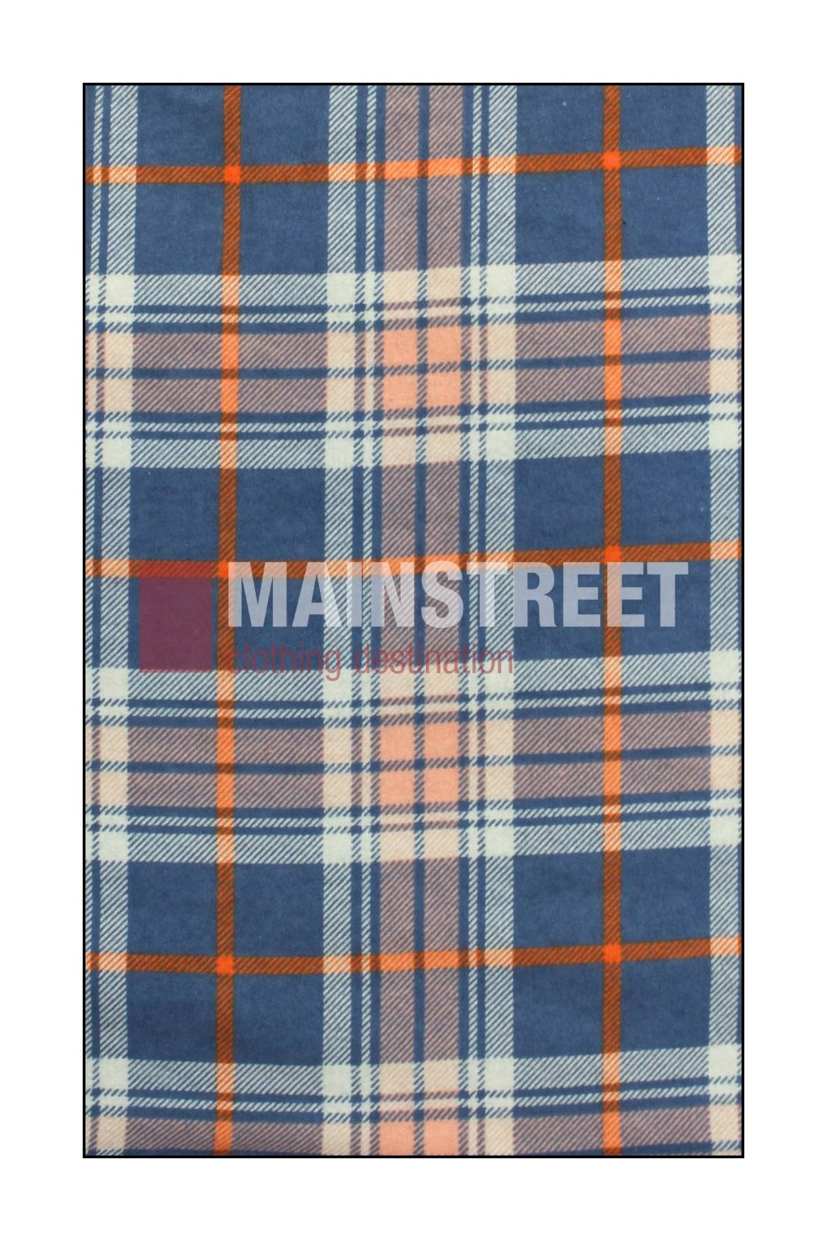 Milton Ladies Flannelette Shirts feature a blue, orange, and white plaid pattern on high-quality cotton, accented with the faint text "MAINSTREET Nothing in education." Ideal for stylish women's flannelette shirts.