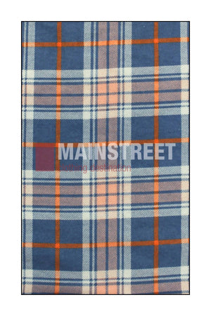 Milton Ladies Flannelette Shirts feature a blue, orange, and white plaid pattern on high-quality cotton, accented with the faint text "MAINSTREET Nothing in education." Ideal for stylish women's flannelette shirts.