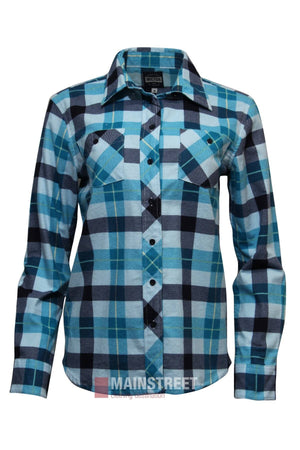 The Milton Ladies Flannelette Shirt, shown on a plain white background, features a blue, black, and white plaid design with long sleeves, double chest pockets, and is crafted from high quality cotton.