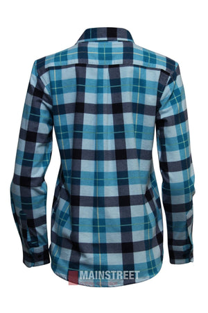 The Milton Ladies Flannelette Shirt features a blue, black, and white plaid pattern. Shown from the back, it highlights the collar, cuffs, and yoke. Made from high-quality cotton for comfort and style.