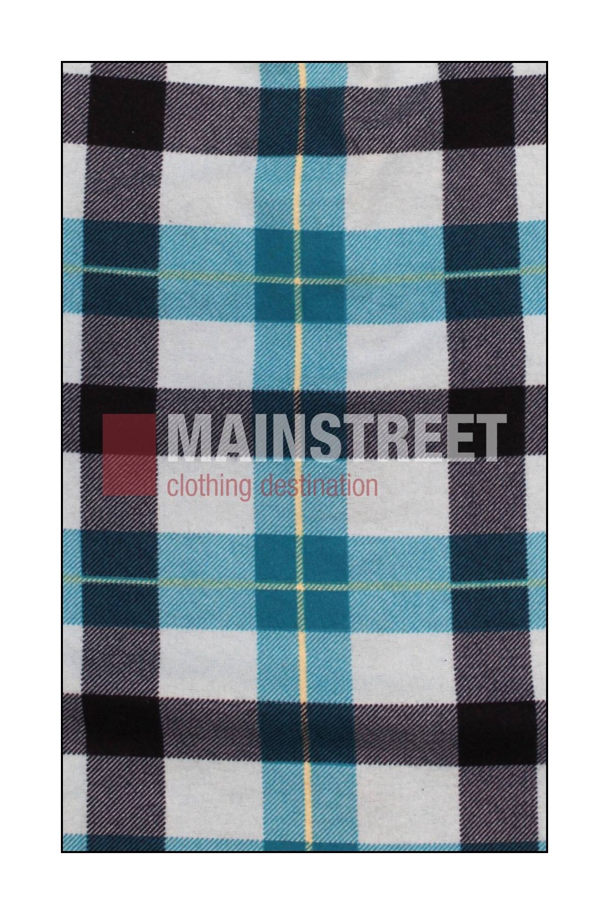 A blue, black, and white plaid fabric with "MAINSTREET clothing destination" printed across the center—ideal for Milton Ladies Flannelette Shirts crafted from high-quality cotton.