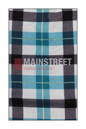 A blue, black, and white plaid fabric with "MAINSTREET clothing destination" printed across the center—ideal for Milton Ladies Flannelette Shirts crafted from high-quality cotton.