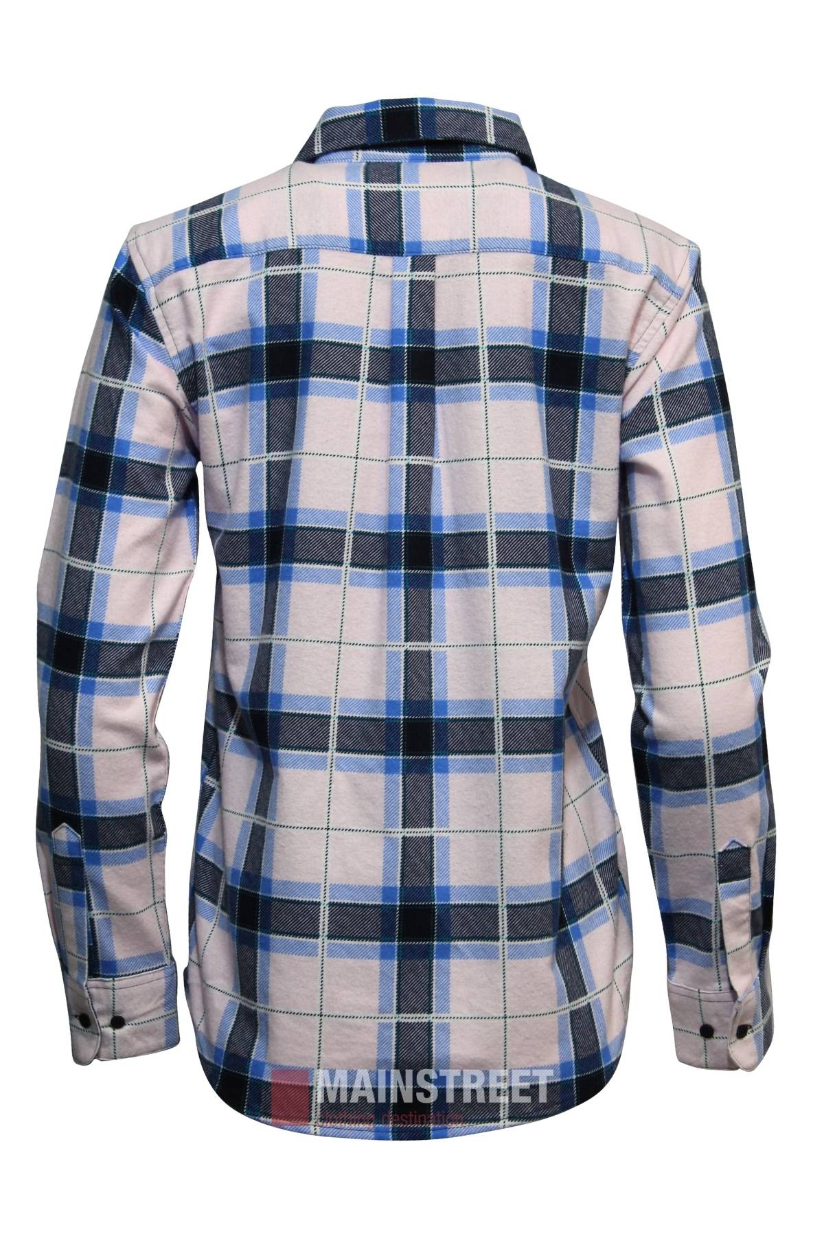 The Milton Ladies Flannelette Shirt in blue, black, white, and light pink plaid is shown from the back. Made of high-quality cotton, it features a collar, buttoned cuffs, and "MAINSTREET" on the bottom hem.