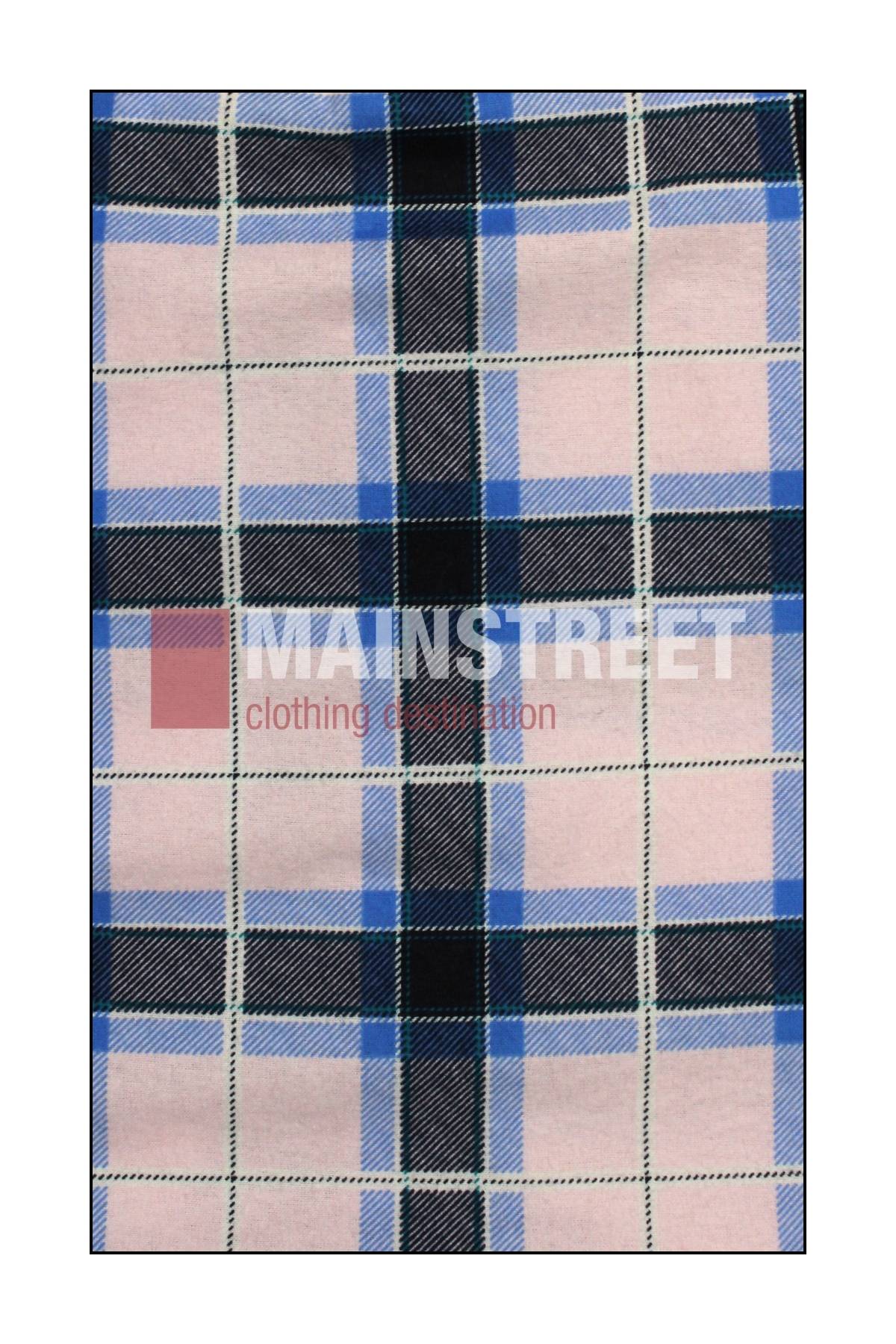Ideal for Milton Ladies Flannelette Shirts, this high-quality cotton fabric has a plaid pattern with light pink, blue, black, and white stripes intersecting vertically and horizontally. Watermark: "MAINSTREET clothing destination.