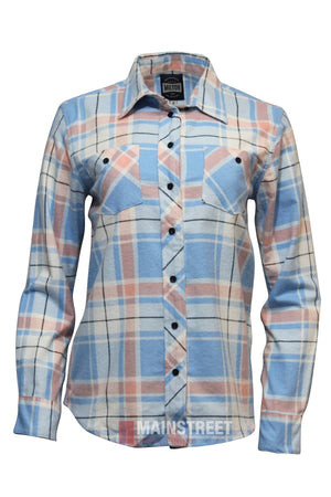 Milton Ladies Flannelette Shirts: Blue, pink, and white plaid long-sleeve button-up in ladies' sizing. Made from quality cotton with two buttoned chest pockets and a classic collar.