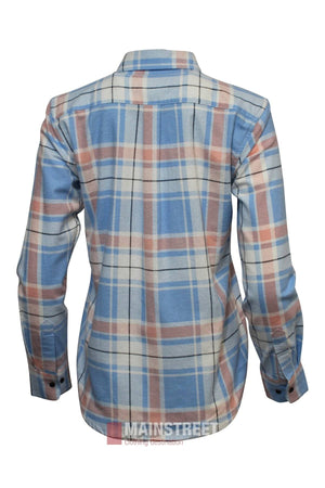 The Milton Ladies Flannelette Shirt is a long-sleeved, button-up shirt made from high-quality cotton, featuring a blue, white, and pink plaid pattern in ladies sizing, shown from the back.