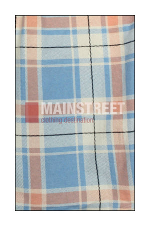 A close-up of plaid fabric in blue, peach, white, and beige stripes from Milton Ladies Flannelette Shirts. "MAINSTREET clothing destination" appears in white and red text. Crafted from high quality cotton.