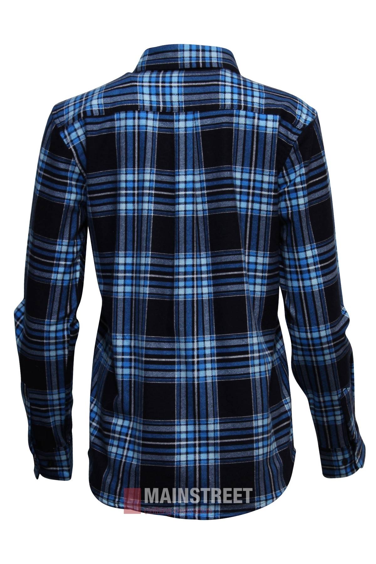 The Milton Ladies Flannelette Shirt is a long-sleeved, button-up shirt in blue, white, and black plaid. Made from high quality cotton for softness and comfort, it features ladies sizing, a collar, and is shown from the back.
