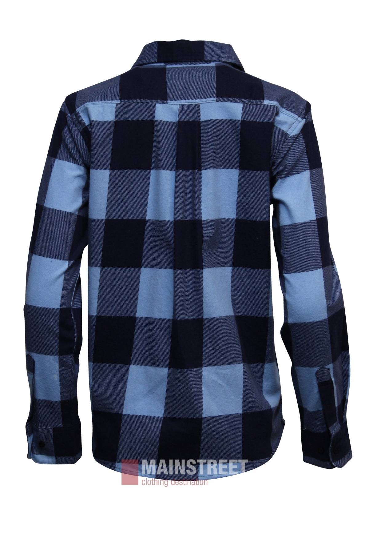 The Milton Ladies Flannelette Shirt features a blue and black checkered pattern, shown from the back. Made from high-quality cotton, it displays the MAINSTREET clothing destination logo at the bottom.