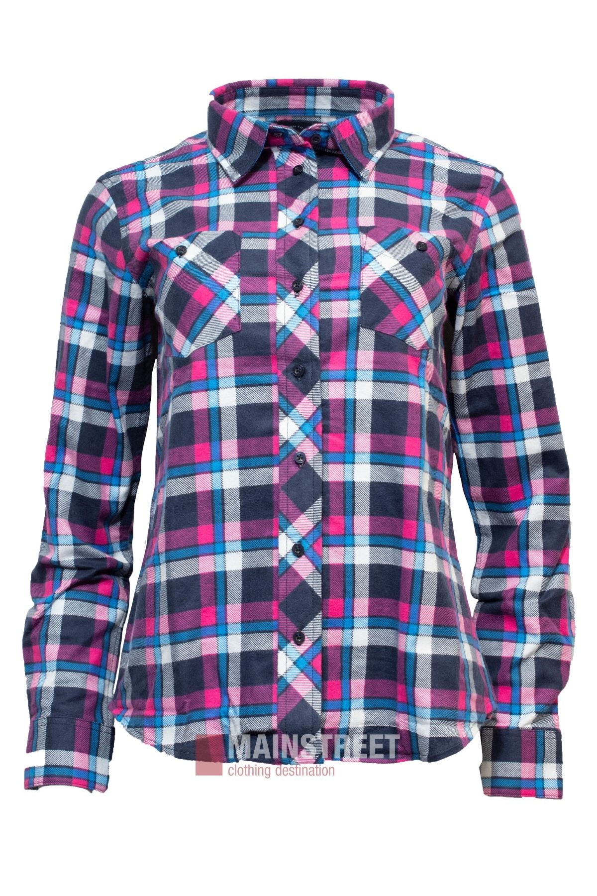 Milton Ladies Flannelette Shirts feature long sleeves, a collar, button-down front, and two chest pockets in blue, pink, white, and black plaid.