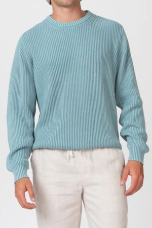 A person wears a light blue Mr Simple Fisher Knit sweater with relaxed fit and light beige drawstring pants, standing against a plain white background. The person's head is partially out of frame.
