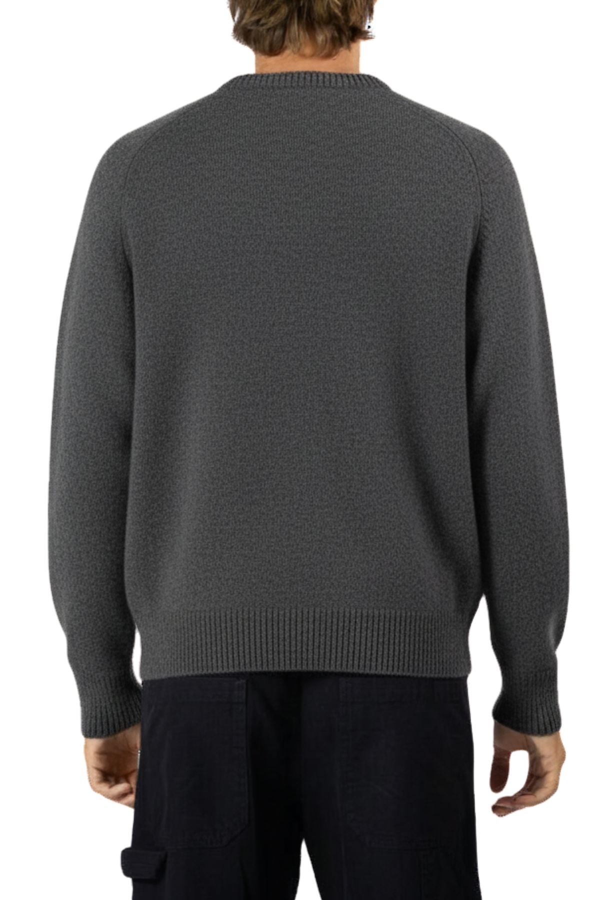 A person is shown from the back wearing a relaxed fit, textured dark gray Mr Simple Fred Knit 100% wool jumper and black pants against a white background—an ideal winter wardrobe addition.